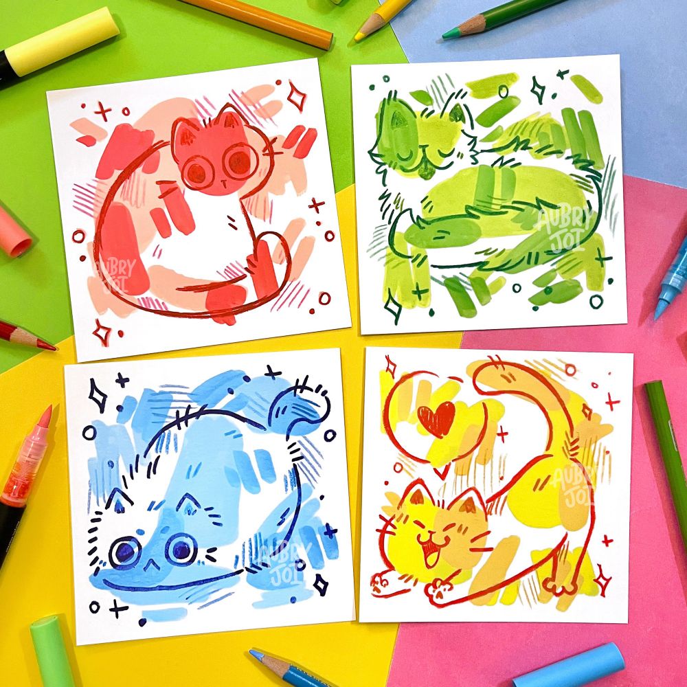 Four art prints of sketchy doodle illustrations of cats made up of brush pen marks and colored pencil outlines. They’re each made up of shades of a different color: red, yellow, green, & blue.