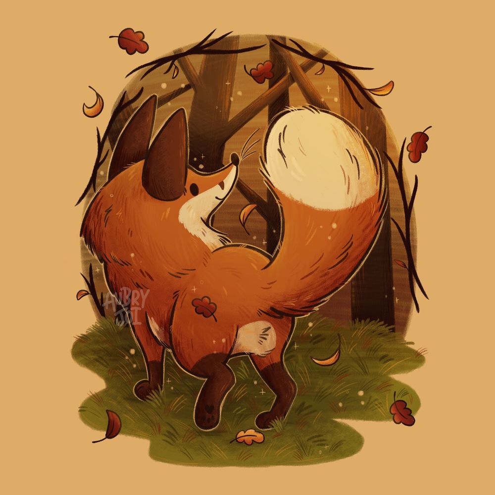 A digital illustration of a red fox walking in a patch of autumny woods. A frame of branches is around the interior forest illustration, with the fox turned as if to walk into it. The art is illustrated with a sketchy pencil brush.