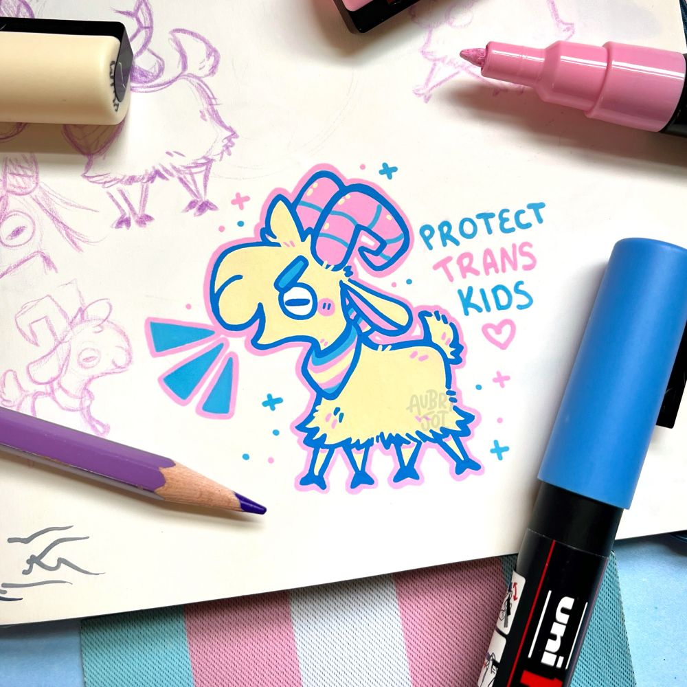 A paint pen doodle in a sketchbook of a white goat looking determined. It’s wearing a trans flag bandana. Behind it, it reads “protect trans kids.” Other doodles, paint pens, and a pencil lay around the doodle.