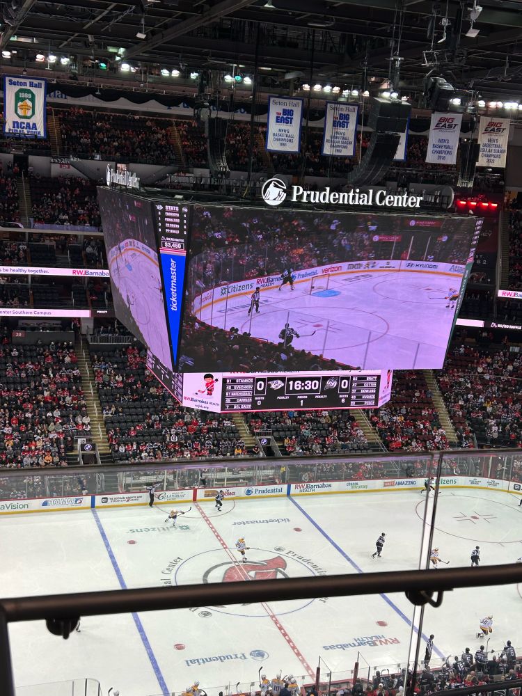 A picture of the scoreboard at the Prudential Center. The NJ Devils are playing the Nashville Predators. 