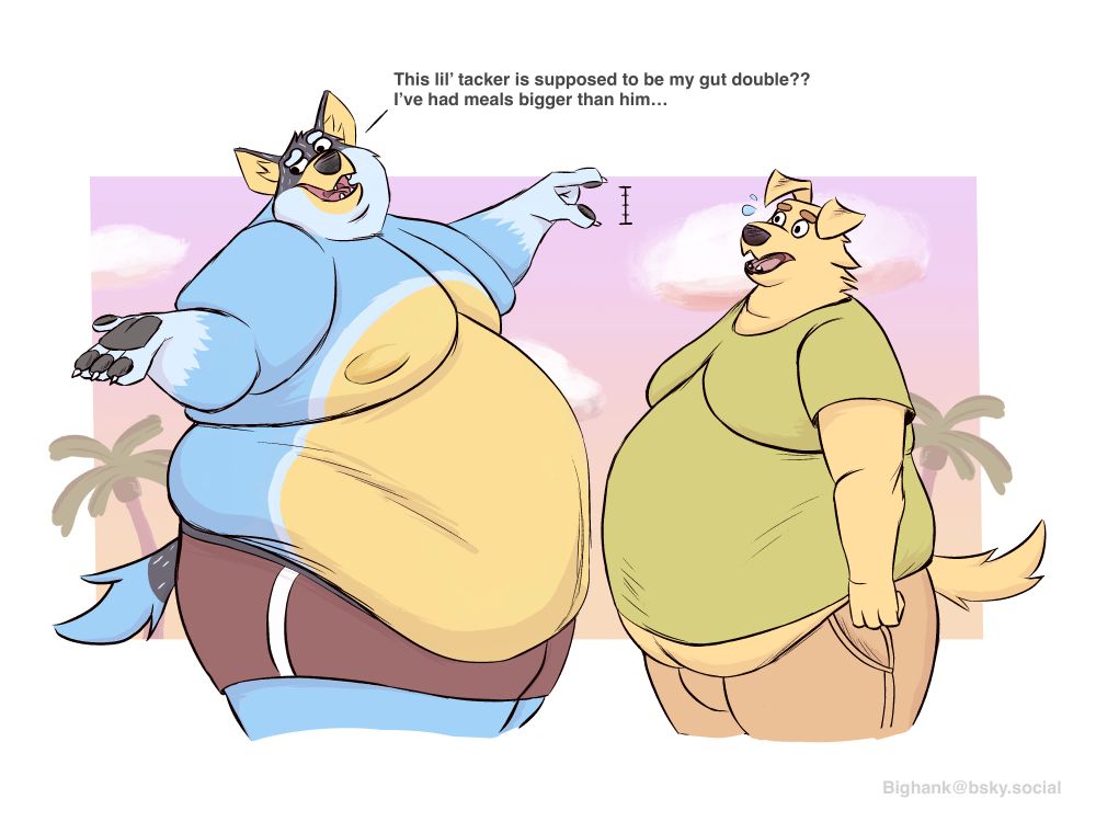 A huge bandit dwarfs a smaller golden retriever. 

Bandit: “this lil’ tacker is supposed to be my gut double?? I’ve had meals bigger than him…”