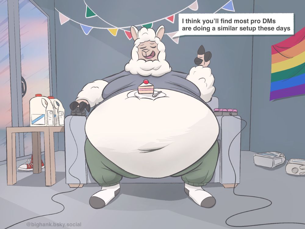 A fat as hell alpaca sits filling a couch, mouse on one armrest, keyboard on the other. Speech bubble says “I think you’ll find most pro DMs are doing a similar setup these days” 