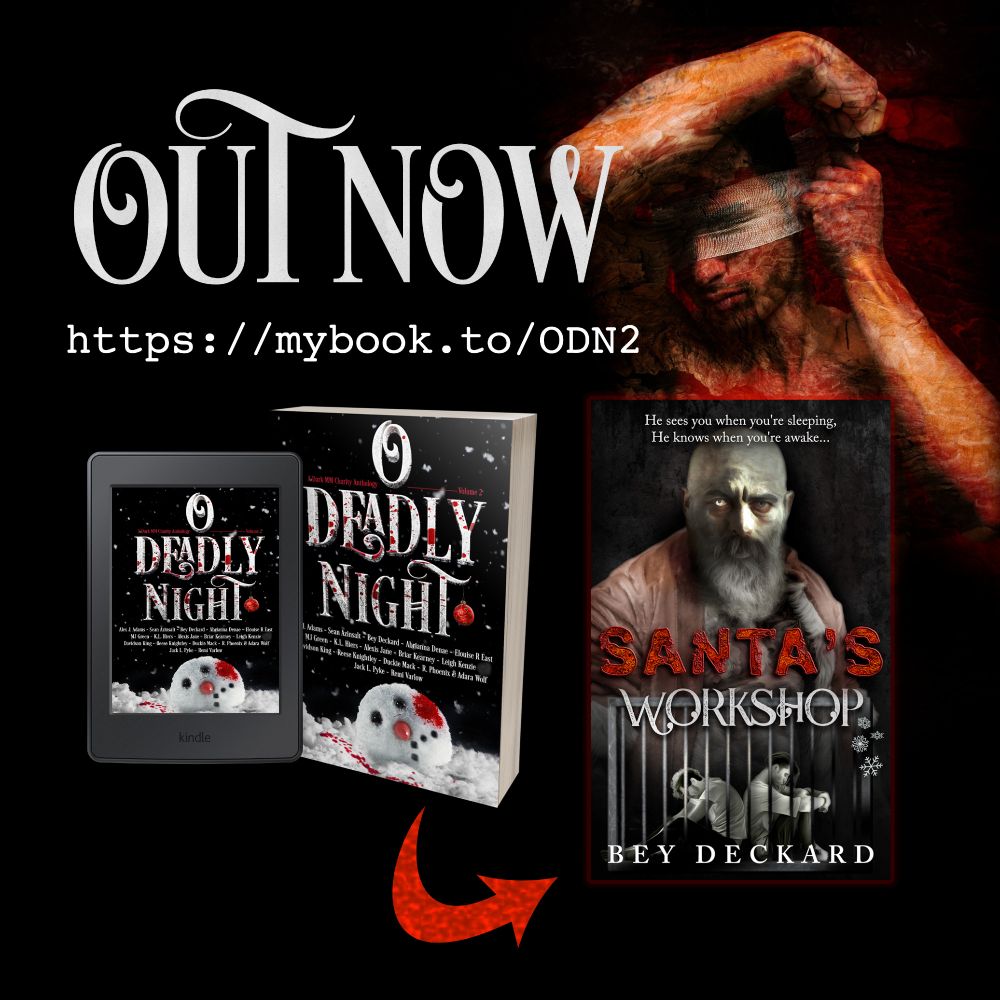 The covers of the anthology on kindle and paperback alongside the cover for Bey Deckard's story, Santa's Workshop. The covers are overlaying an image of a young man bandaging his face.