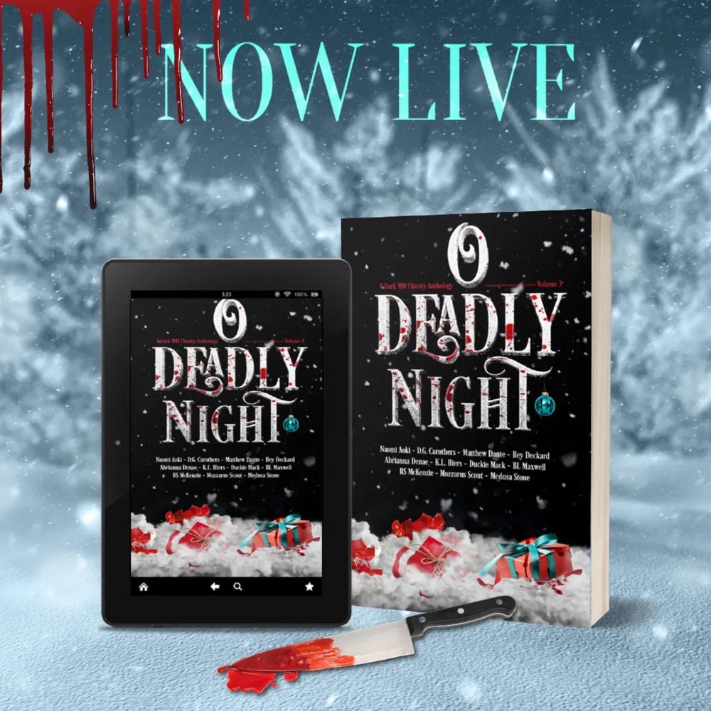 A kindle and paperback mockup of the book on a snowy background with a bloody knife in the front.
