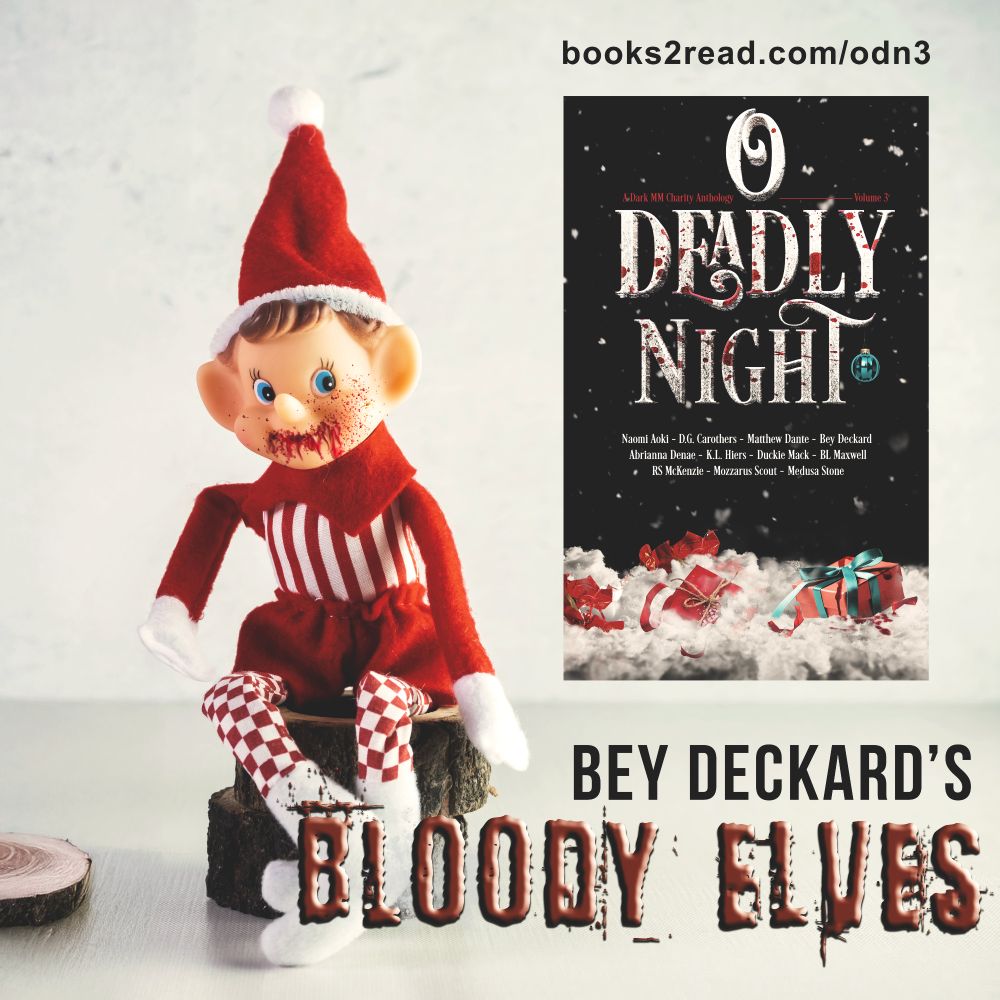 An elf toy with a bloody mouth sits next to the anthology cover