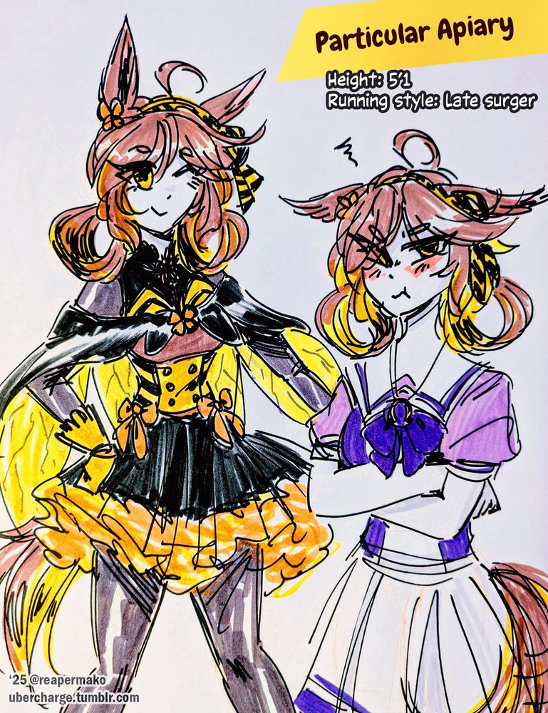 A coloured marker sketch of Uma Musume OC, Particular Apiary with her name displayed at the top. Text reads: "Height: 5'1 / Running style: Late surger". She has brown and yellow hair tied in two loops and yellow eyes. She winks in a black and yellow bee-themed idol outfit on the left. She pouts and looks annoyed in the school uniform on the right.