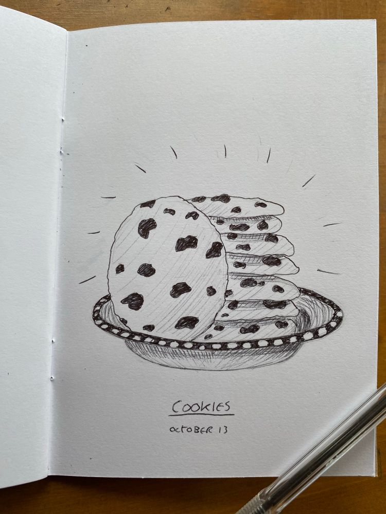 A quick biro sketch of a stacked plate of chocolate chip cookies