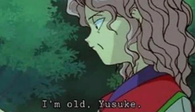 A screenshot from the anime Yu Yu Hakusho, where the character Genkai tell Yusuke that she's old