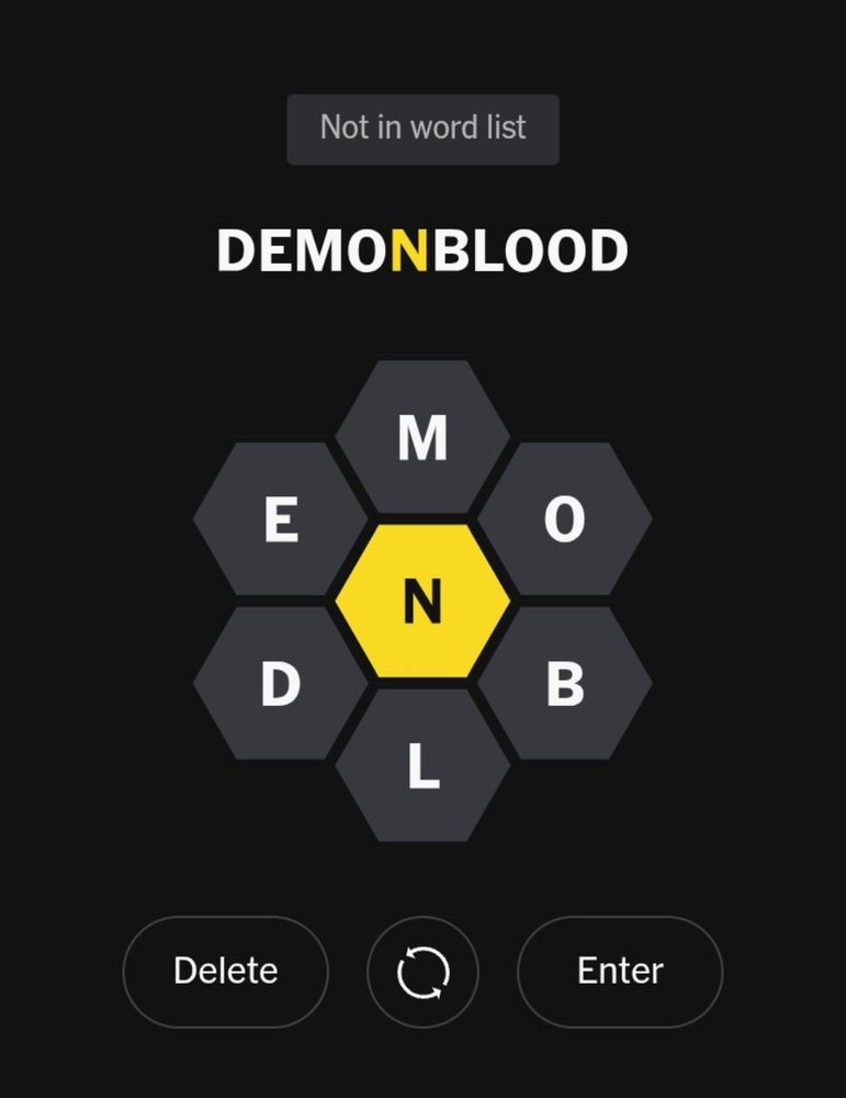 A screenshot shot of the NY Times Spelling Bee game, which says that "demonblood" is not in the word list.