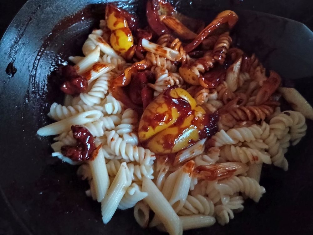 Chuck pasta/noodles rice in and mix it up.