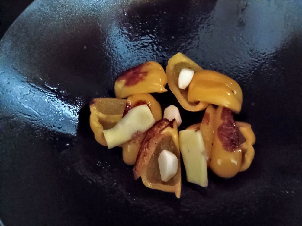 Chuck in garlic and ginger and cook a bit to get flavour out but not burn.