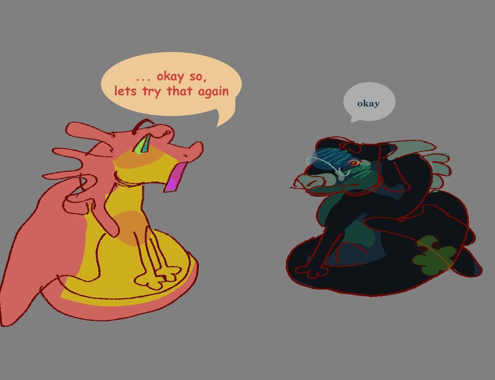 Sixth slide: Kinkajou speaks up as she breaks the silence, with no negativity, an earnest: "okay. so. lets try that again" as Moon simply mumbles "okay"