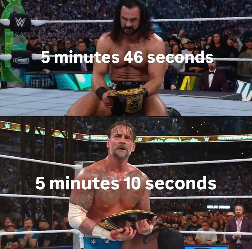 A picture of WWE wrestler Drew McIntyre holding the championship belt for 5 minutes and 46 seconds at Wrestlemania, compared to CM Punk holding the championship belt for 5 minutes and 10 seconds at SummerSlam.
