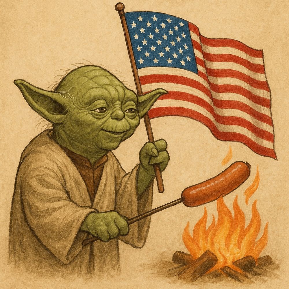 a picture of Yoda waving a US flag, warming a hot dog on a stick, over a campfire