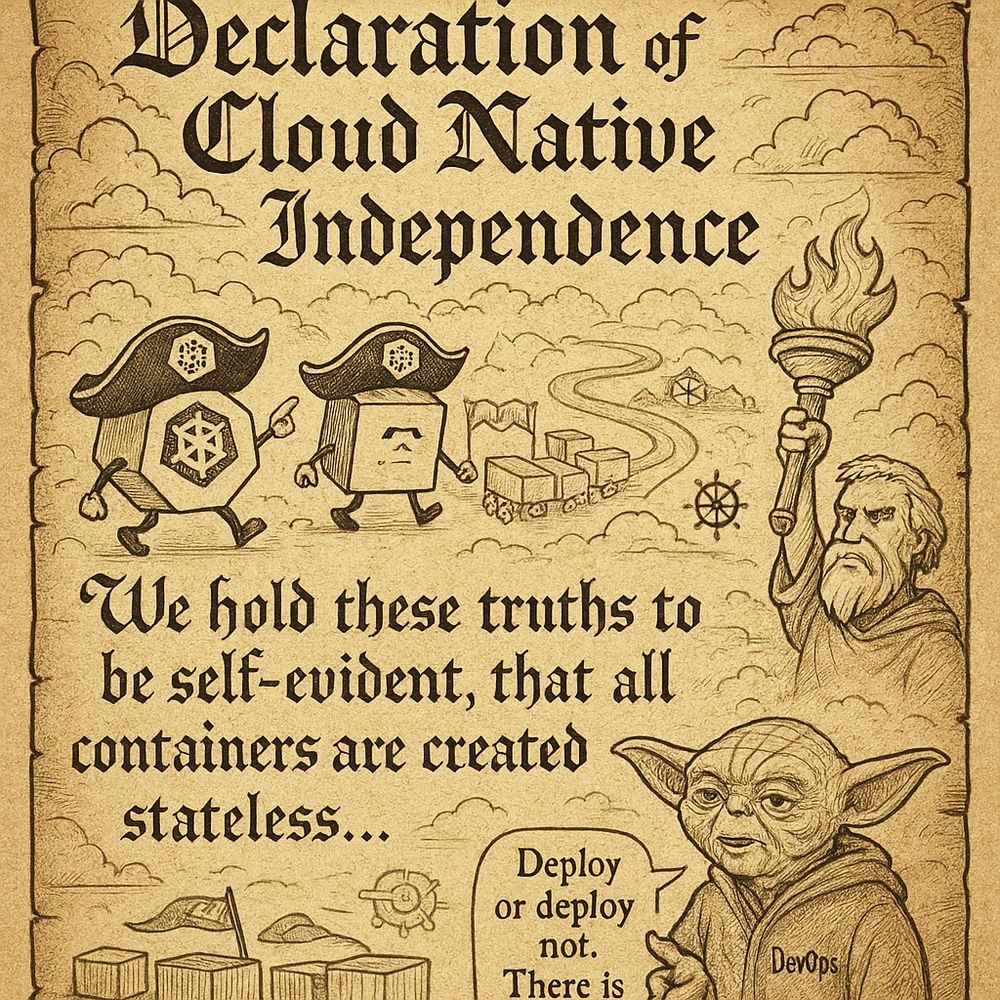 An illustrated poster styled like a historical parchment scroll, titled 'Declaration of Cloud Native Independence'. The design features whimsical cloud-native elements: Kubernetes pods wearing tricorn hats, containers marching in formation, a Prometheus figure holding a flaming torch of observability, and a wise Yoda-like character in a DevOps hoodie saying 'Deploy or deploy not. There is no try.' The text includes stylized excerpts like 'We hold these truths to be self-evident, that all containers are created stateless...' in elegant calligraphy. Background includes cloud infrastructure motifs, CI/CD pipelines as winding roads, and Helm charts as ancient maps.