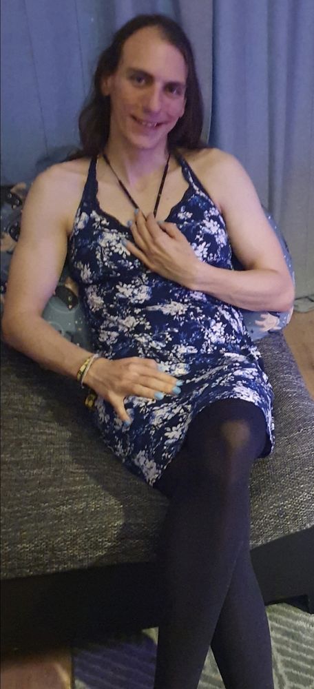 Me in a new flowery blue dress and i painted my nails for the first time (sky blue) and honestly i'm the happiest i've ever was ❤