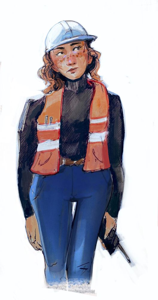 mixed media digital painting watercolor depicting a construction worker with high vis jacket and hard hat