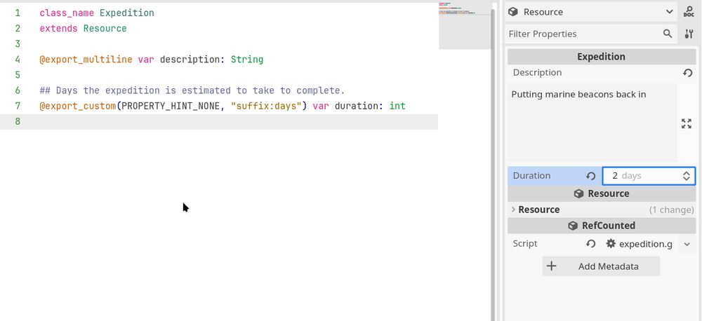 Rie said about this screenshot "This is a super neat new feature in Godot 4.3: `@export_custom`. It lets you customize a lot about how the variable is handled internally and how it is displayed in the inspector. For example, this is how you add a suffix to an integer variable for added clarity. Just mentioning it so nobody's confused about what the code does later."