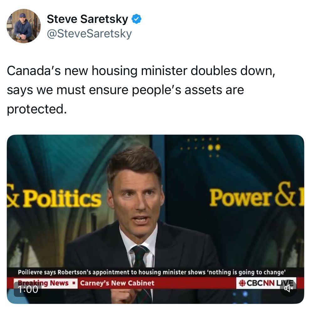 Tweet showing CBC clip with the text reading “Canada’s new housing minister doubles down, says we must ensure people’s assets are protected.”