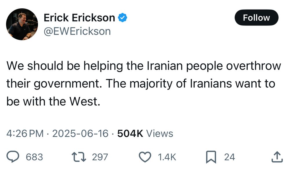 Tweet that states: “We should be helping the Iranian people overthrow their government. The majority of Iranians want to be with the West.”