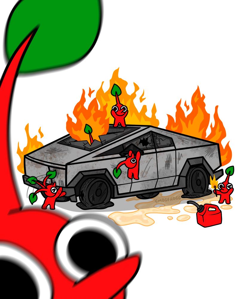 drawing of a group of red pikmin destroying a tesla cybertruck, its windows are busted and it’s on fire, one pikmin is sitting next to a gas can with a match. another pikmin in the foreground has a motion blur effect 