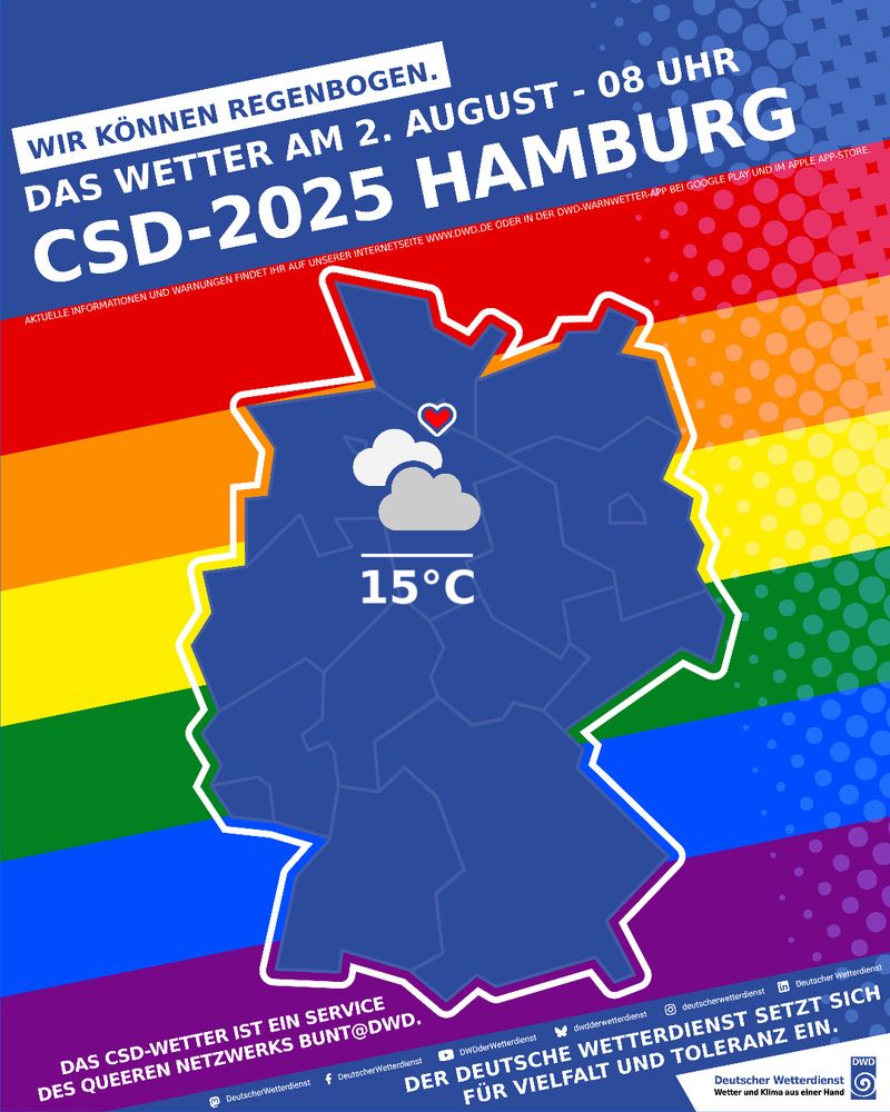 Wettervorhersage für CSD 2025 in Hamburg am 2. August um 08 Uhr; bewölkt, 15°C. Auf dem Bild ist der Umriss Deutschlands vor Regenbogenfarben zu sehen.