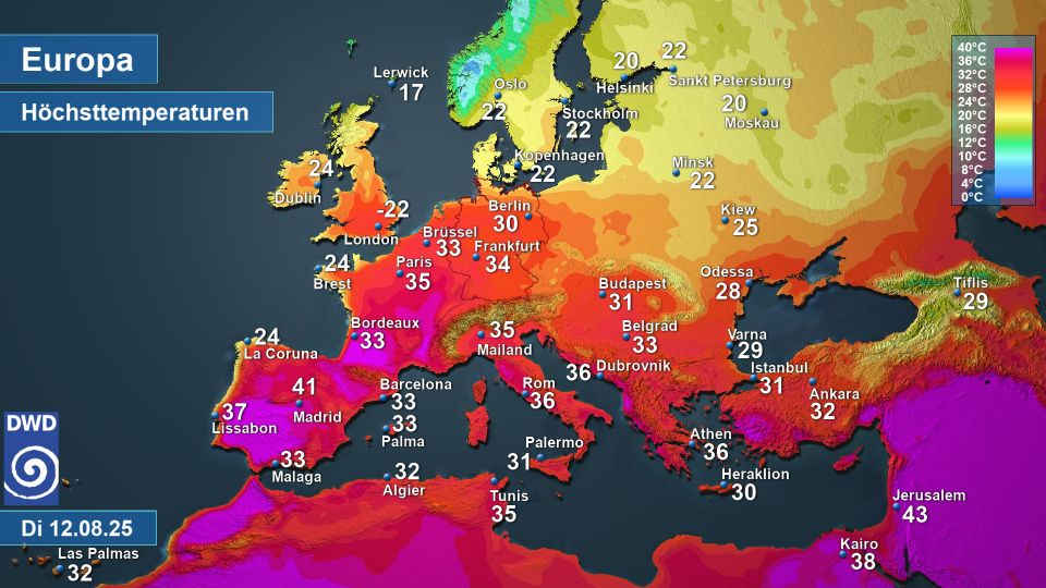 Karte Europa mit den Höchstwerten am Dienstag, 12.08.2025 einzelner Orte in Zahlen sowie der Berechnung für die Fläche im Hintergrund.