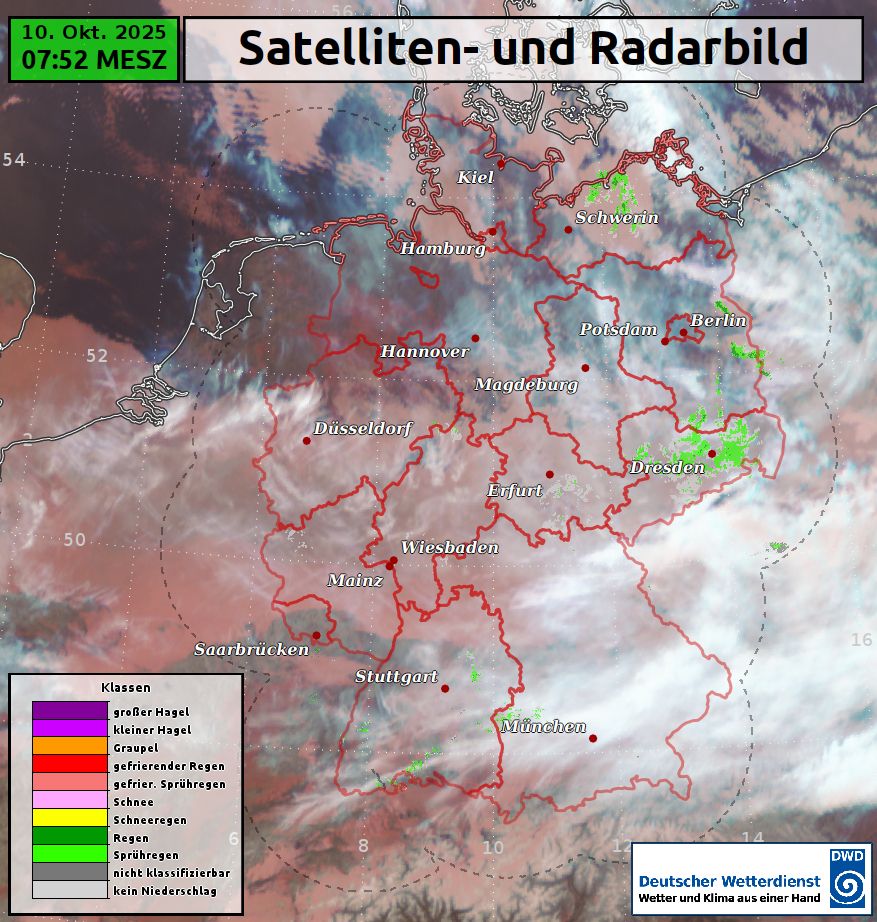 Satelliten- und Radarbild Deutschland vom 10.10.25, 7:52 Uhr.