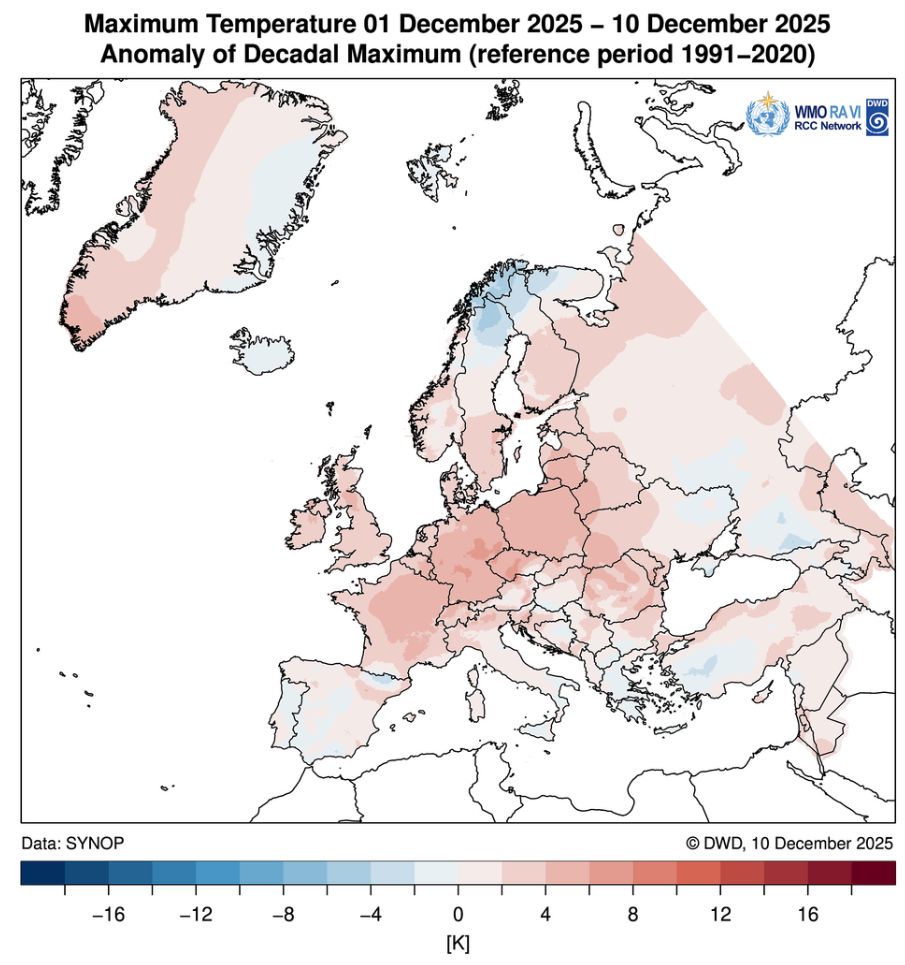 Europakarte der Abweichungen der Höchsttemperaturen vom Klimamittel 1991-2020 in der ersten Dezemberdekade. Am höchsten waren die Abweichungen in Deutschland und Tschechien mit bis über 6 Grad wärmer als im Klimamittel.
