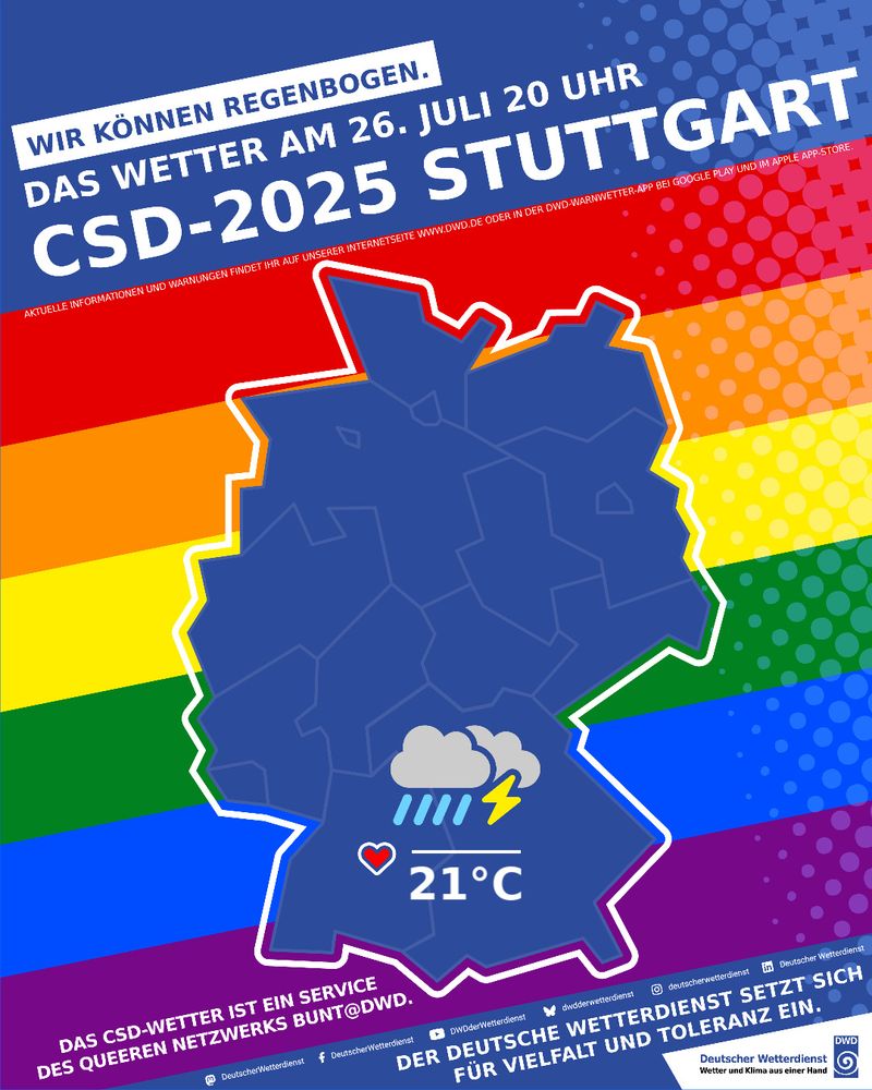 Poster für CSD Stuttgart 2025 mit Wettervorhersage vor regenbogenfarbenem Hintergrund für den 26. Juli um 20 Uhr. Temperatur von 21°C bei Regen und Gewitter.