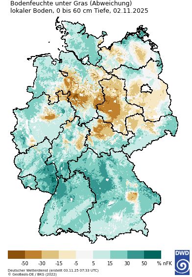 Eine Deutschlandkarte zeigt für den 2. November 2025 die Abweichung der Bodenfeuchte des lokalen Bodens unter Gras in der Schicht 0 bis 60 Zentimeter vom Mittelwert 1991 bis 2020. Quelle: Bodenfeuchteviewer des DWD: www.dwd.de/bodenfeuchteviewer.