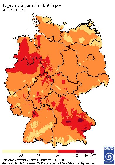 Auf einer Deutschlandkarte wird das Tagesmaximum der Enthalpie in 5 Stufen dargestellt. Am Mittwoch wird im Süden lokal die höchste Stufe 5 erreicht, die für Geflügel lebensbedrohlich ist.