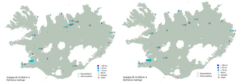 Karten der Schneehöhen in Island, links für Dienstag, den 28. Oktober 2025, rechts für Mittwoch, den 29. Oktober 2025, jeweils Messwerte von 9 Uhr Lokalzeit. In Reykjavik im Südwesten des Landes wurden am Dienstag 27 cm, am Mittwoch 40 cm gemessen. Quelle: Isländischer Wetterdienst