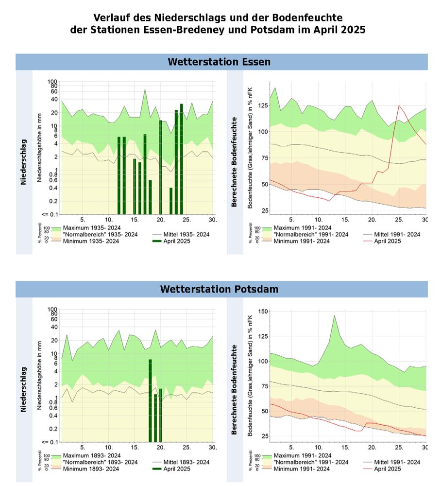 Die Grafik zeigt den Verlauf des Niederschlags und der Bodenfeuchte der Stationen Essen-Bredeney und Potsdam, Quelle: Deutscher Wetterdienst