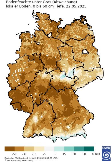Auf einer Deutschlandkarte ist die Abweichung der Bodenfeuchte des lokalen Bodens unter Gras in der Schicht 0 bis 60 Zentimeter am 22. Mai 2025 vom Mittelwert 1991 bis 2020 zu sehen. Quelle: Bodenfeuchteviewer des DWD: www.dwd.de/bodenfeuchteviewer.