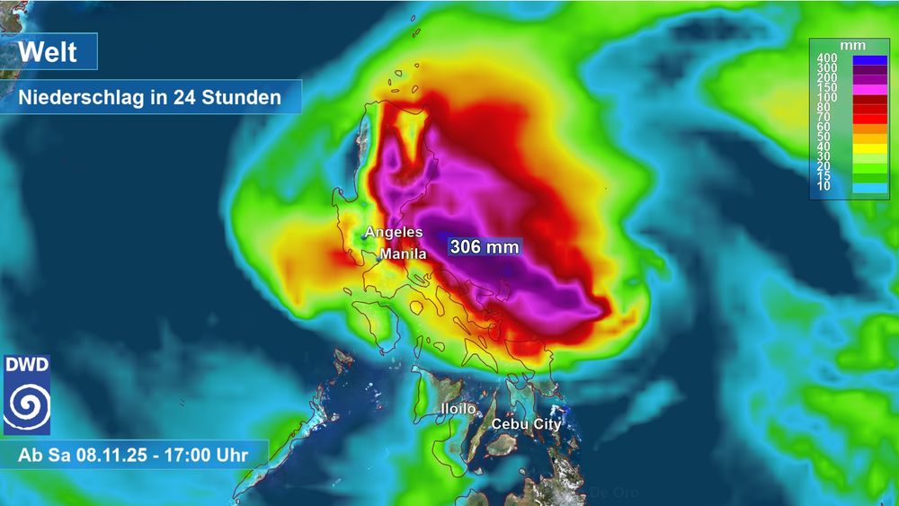 Karte nördliche Philippinen mit Taifun Fung-Wong und den möglichen 24-Stunden Regenmengen ab Samstagabend 17 Uhr (MEZ). berechnet aus Modelldaten.