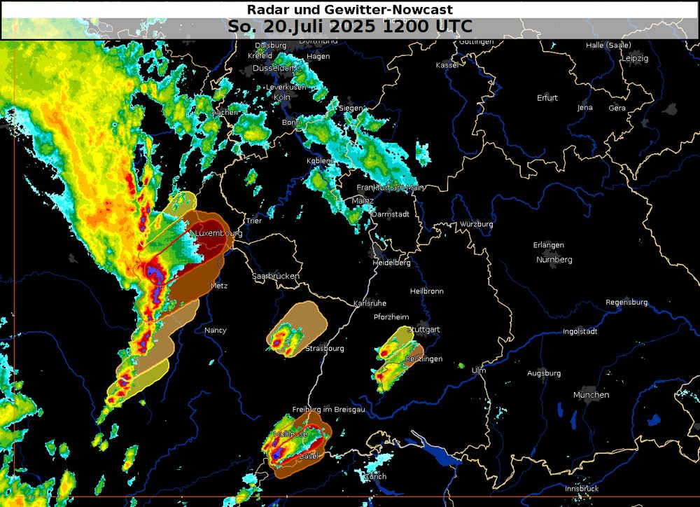 Radar und Gewitter-Nowcast am 20.7.2025, 14 Uhr MESZ