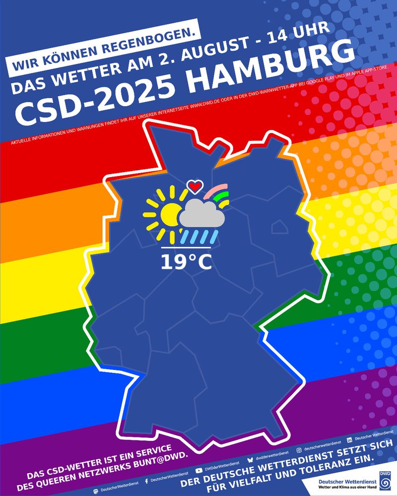 Wettervorhersage für CSD 2025 in Hamburg am 2. August um 14 Uhr; sonnig mit Regenschauer, 19°C. Auf dem Bild ist der Umriss Deutschlands vor Regenbogenfarben zu sehen.