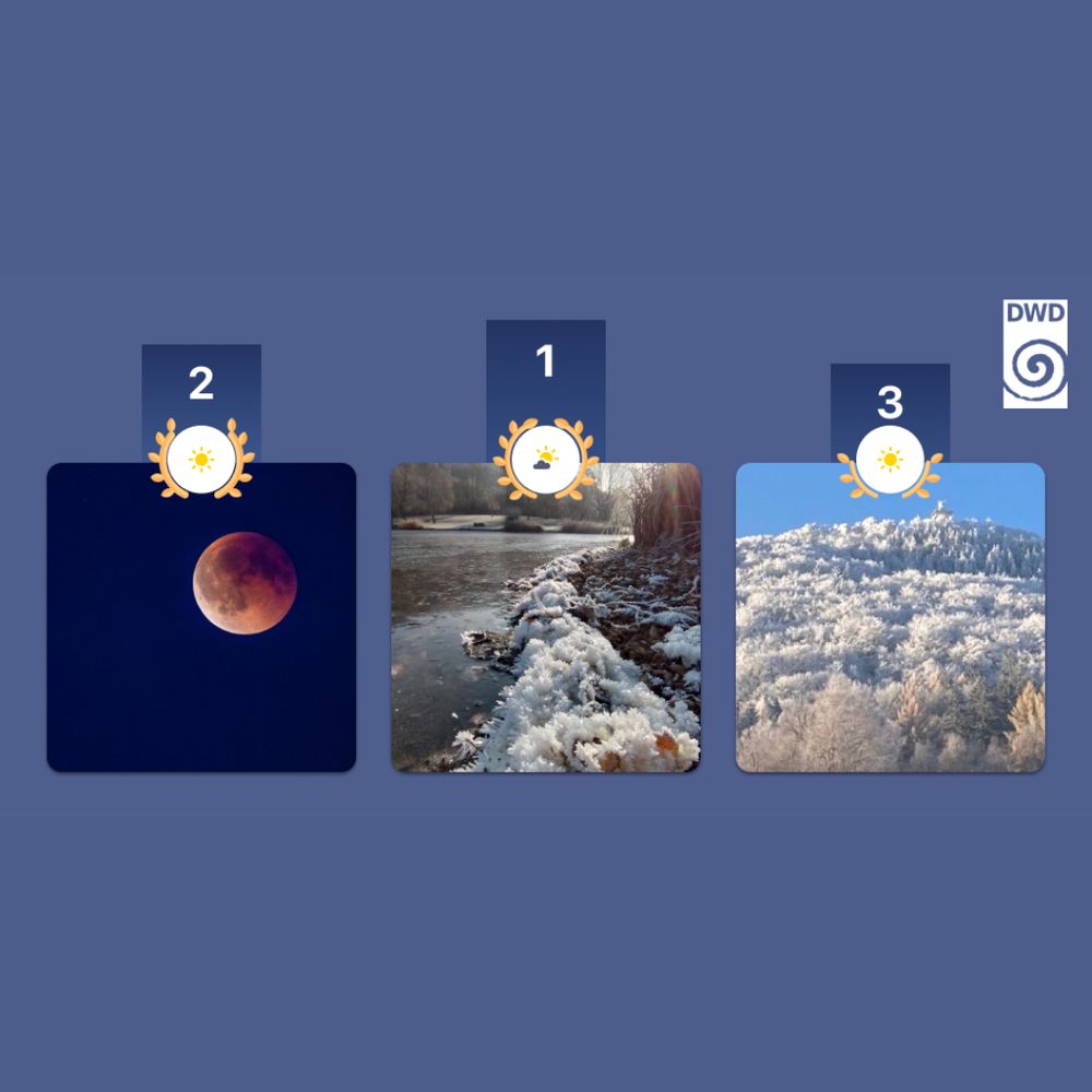 Collage mit drei Bildern, die in der DWD-WarnWetter-App im Herbst 2025 besonders hilfreich bewertet wurden: in der Mitte ein vereister Flusslauf im Winter (Platz 1), links ein blutroter Mond am Nachthimmel (Platz 2), rechts ein schneebedeckter Berg unter klarem Himmel (Platz 3).