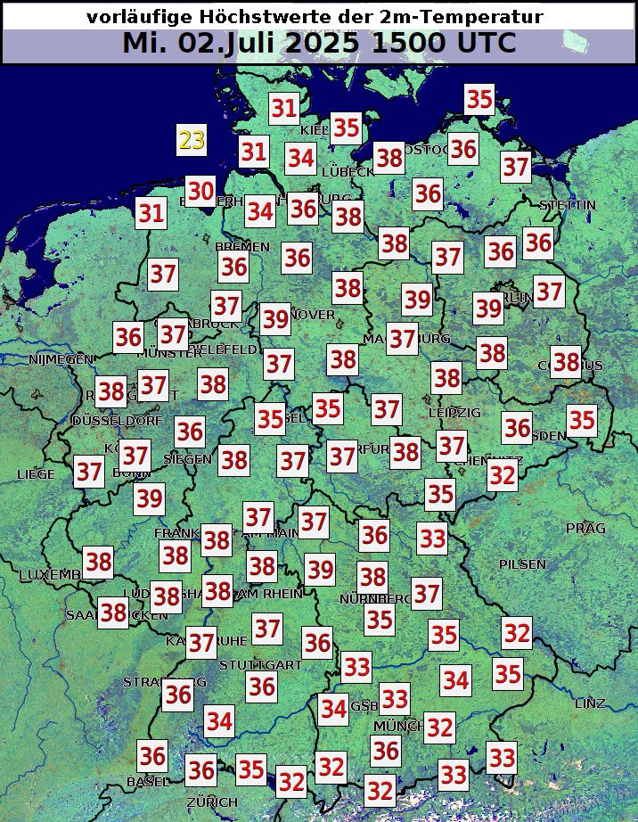 vorläufige Höchstwerte der 2m-Temperatur in Deutschland um 17 Uhr MESZ.