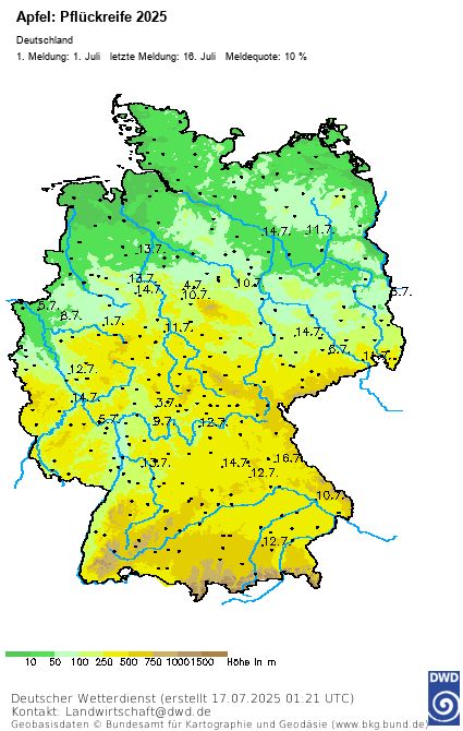 In einer Deutschlandkarte sind die Orte mit einem Datum versehen, an denen zum Zeitpunkt des 17. Juli 2025 bereits reife Äpfel beobachtet wurden. Dies betrifft einzelne Orte mit Meldeterminen ab dem 1. Juli. Die Meldungen stammen von den ehrenamtlichen phänologischen Beobachtern des Deutschen Wetterdienstes. Quelle: Deutscher Wetterdienst