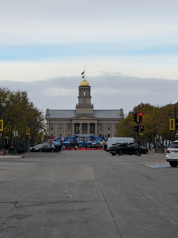 Looking down Iowa Avenue at the Old Capital with Big Noon setup in front.