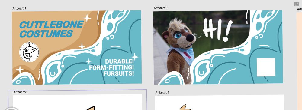 Front and back art for business card for cuttlebone costumes. They both feature sparkling illustrated water washing up from the lower right. The front has the business name and logo set on “sand.” The rear features a photo of the maker in fursuit with the word “Hi!” And a space for a QR code. 