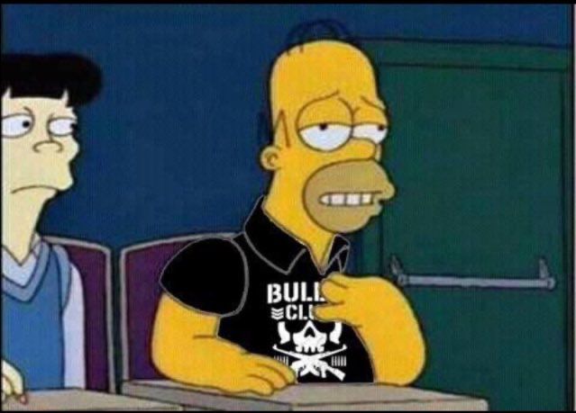 homer simpson in a bullet club shirt with a smug expression on his face 