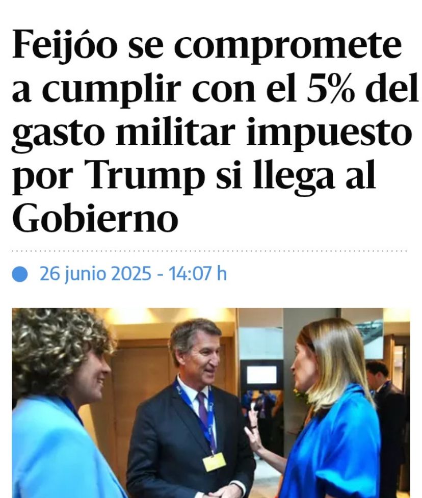 Foto de Feijoo con titular: Feijóo se compromete a cumplir con el 5% del gasto militar impuesto por Trump si llega al Gobierno