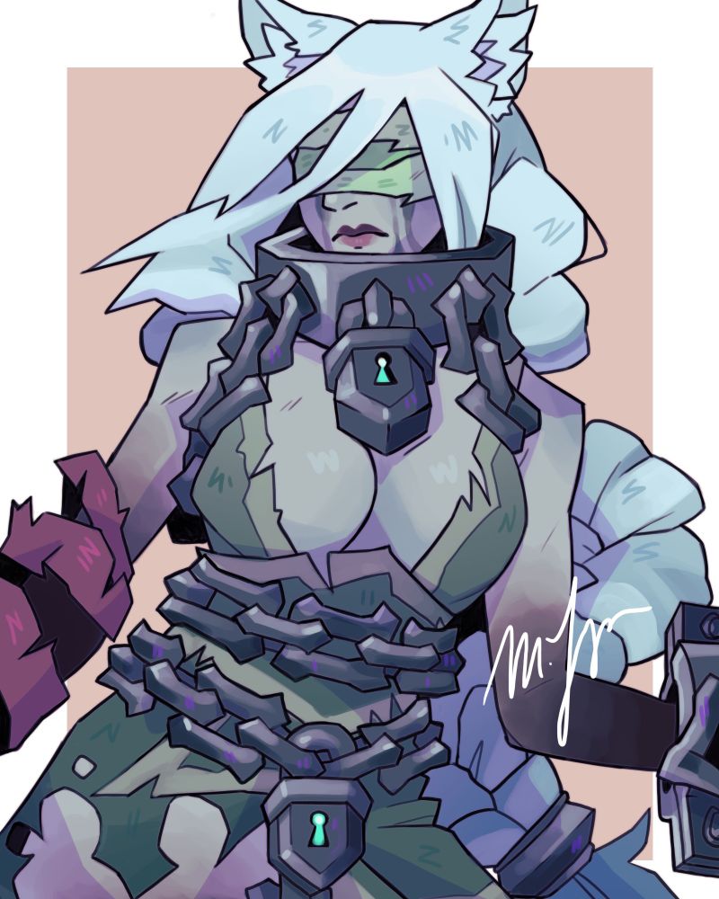 A fierce, mystical character with white fox-like ears and flowing hair, wearing a blindfold. Their outfit consists of tattered, dark green fabric, heavy chains, and multiple locks, giving a restrained yet powerful appearance. The glowing keyhole motifs and armored elements add an air of mystery and supernatural energy.