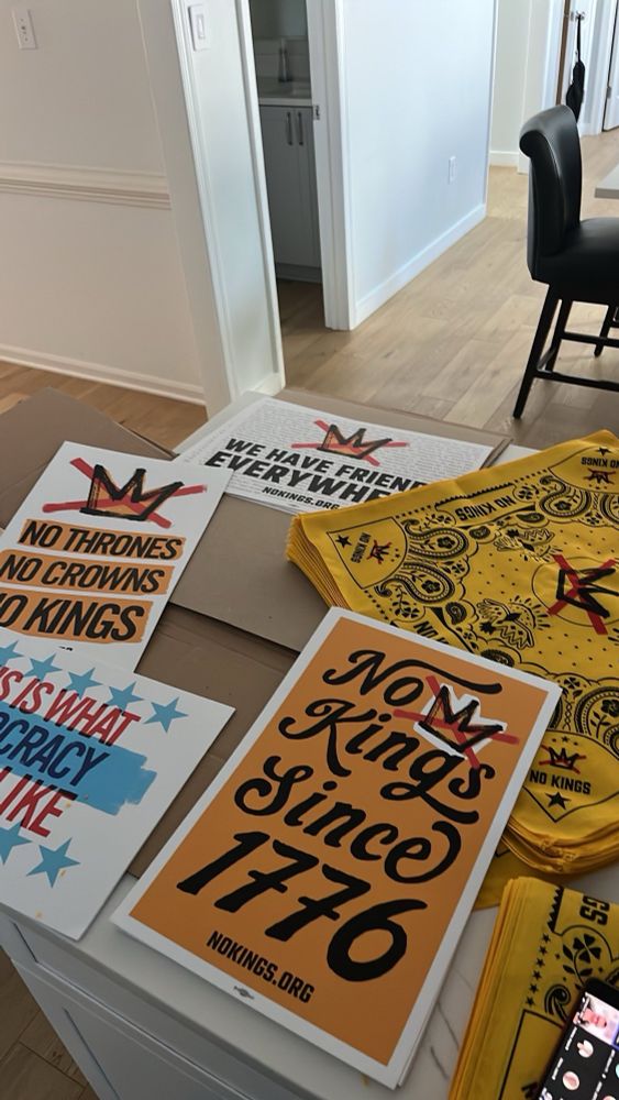 A picture of 4 different No Kings Posters and No Kings Bandanas.