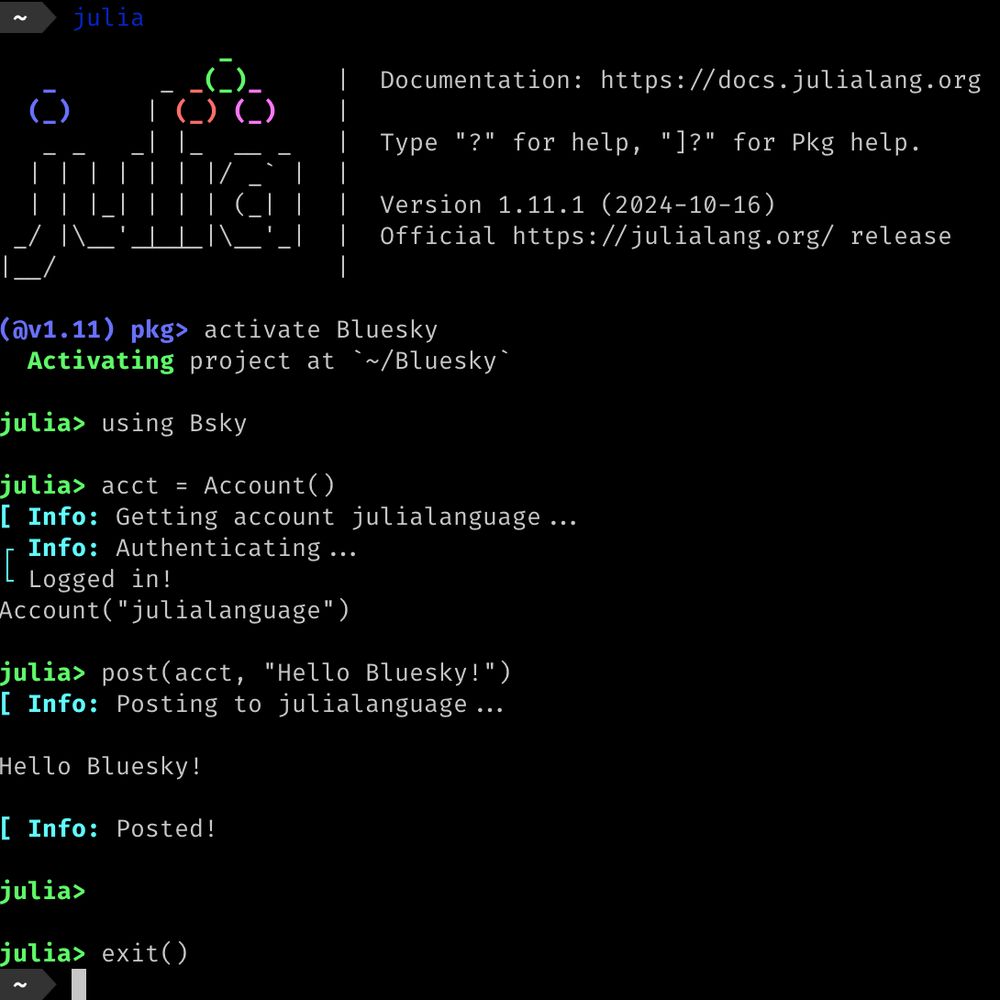 Julia REPL which activates the Bluesky project, and calls a function which simulates creating a new post on the julialanguage Bluesky account!