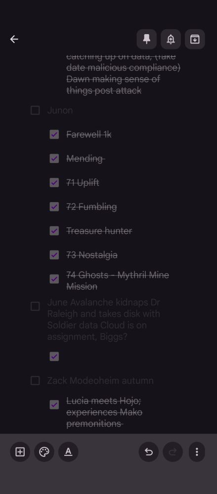 The list of checked off plot points from the end of this current story arc