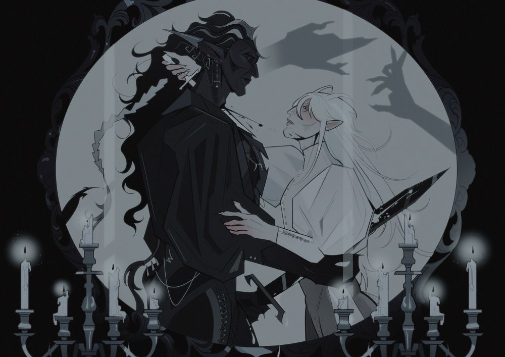 an illustration showing two male elves in close embrace, daggers in hand. 